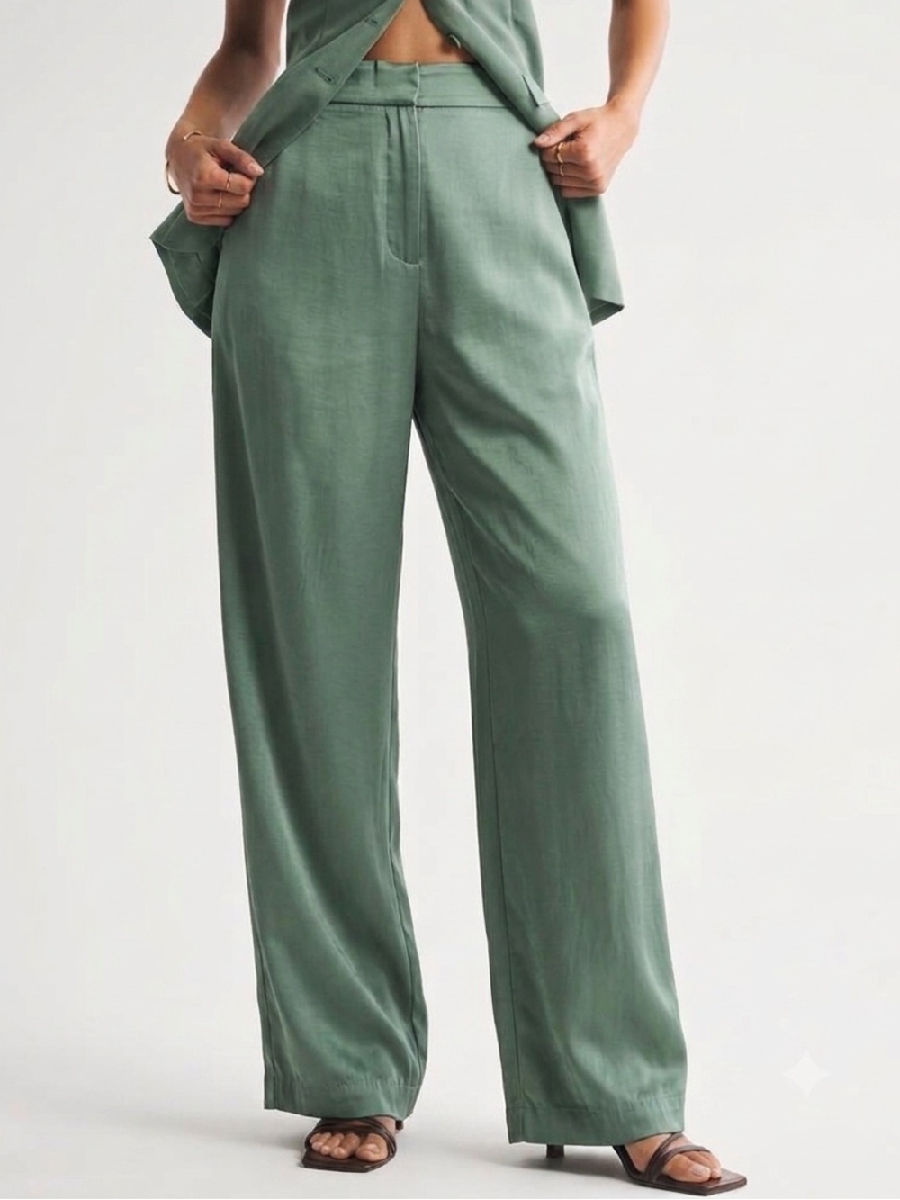 Abercrombie & Fitch Satin Tailored Trousers Wide Leg Pants Light Green 24 00